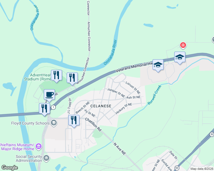 map of restaurants, bars, coffee shops, grocery stores, and more near 26 Oak Street Northeast in Rome