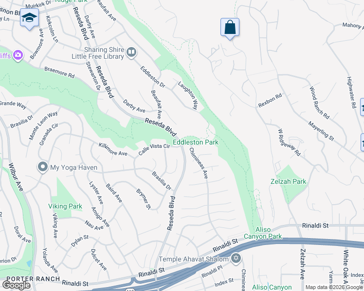 map of restaurants, bars, coffee shops, grocery stores, and more near Reseda Boulevard & Calle Vista Circle in Los Angeles