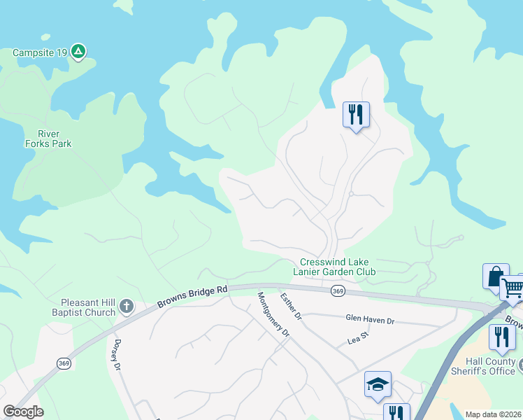 map of restaurants, bars, coffee shops, grocery stores, and more near 3473 Locust Cove Road in Gainesville