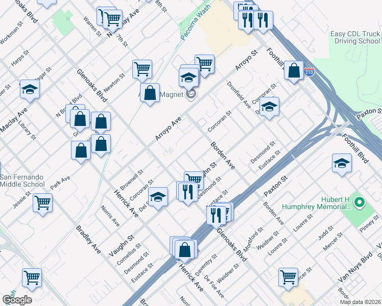 map of restaurants, bars, coffee shops, grocery stores, and more near 11858 Fellows Avenue in San Fernando