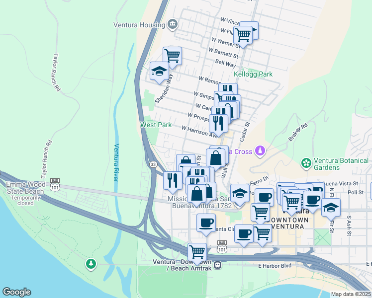 map of restaurants, bars, coffee shops, grocery stores, and more near 183 West Park Row Avenue in Ventura