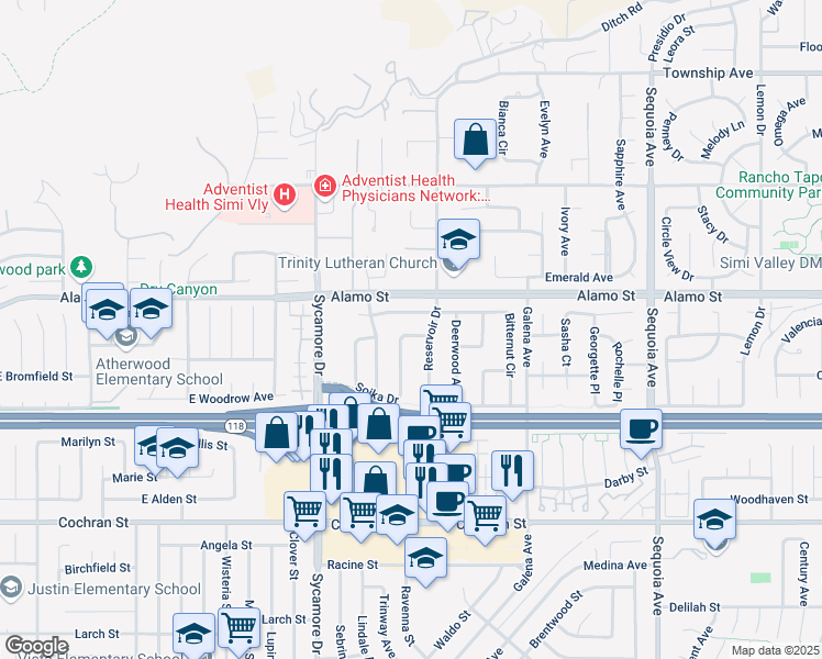 map of restaurants, bars, coffee shops, grocery stores, and more near 2773 Tumbleweed Avenue in Simi Valley