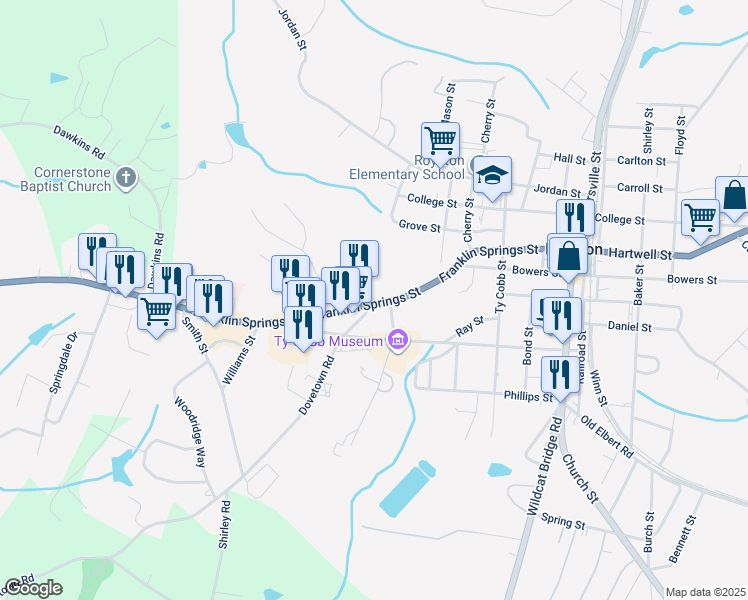 map of restaurants, bars, coffee shops, grocery stores, and more near 0 Franklin Springs Circle in Royston