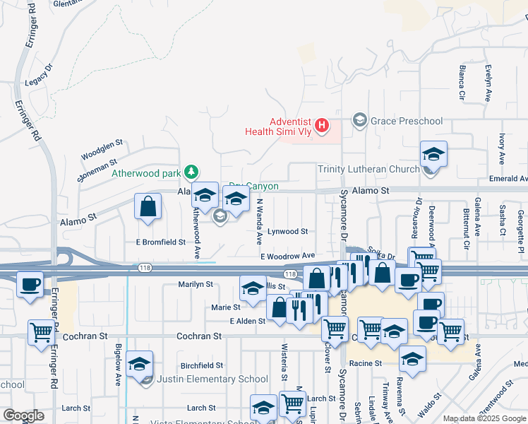 map of restaurants, bars, coffee shops, grocery stores, and more near 2752 North Wanda Avenue in Simi Valley