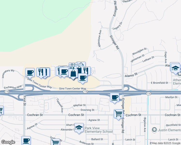 map of restaurants, bars, coffee shops, grocery stores, and more near 1609 East jefferson Way in Simi Valley
