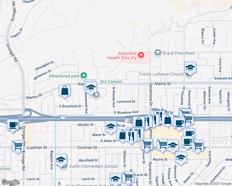 map of restaurants, bars, coffee shops, grocery stores, and more near 2752 North Wanda Avenue in Simi Valley