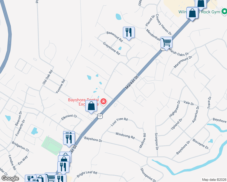 map of restaurants, bars, coffee shops, grocery stores, and more near 7711 Alexander Road in Wilmington