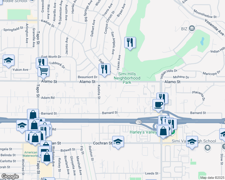map of restaurants, bars, coffee shops, grocery stores, and more near 2720 Golf Meadows Court in Simi Valley