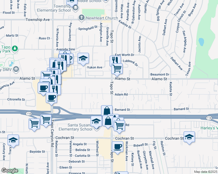map of restaurants, bars, coffee shops, grocery stores, and more near 2767 Tapo Street in Simi Valley