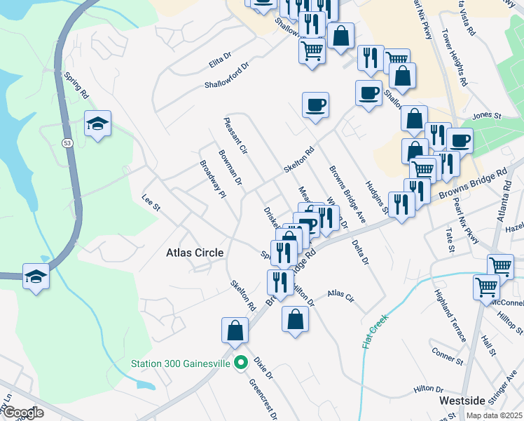 map of restaurants, bars, coffee shops, grocery stores, and more near 1937 Driskell Drive in Gainesville