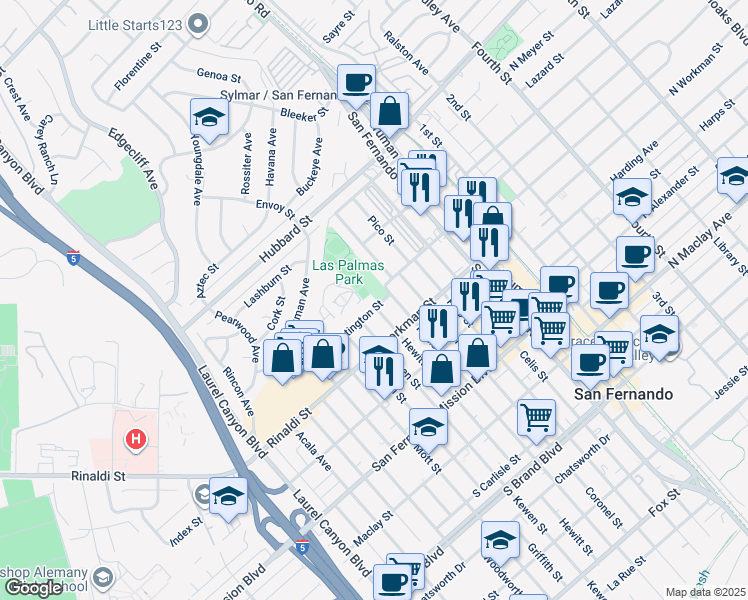 map of restaurants, bars, coffee shops, grocery stores, and more near 1441 Hollister Street in San Fernando