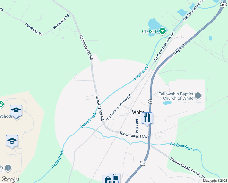 map of restaurants, bars, coffee shops, grocery stores, and more near 523 Old Tennessee Highway Northeast in White