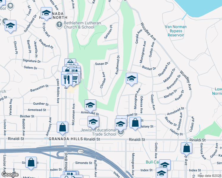 map of restaurants, bars, coffee shops, grocery stores, and more near 16772 Knollwood Drive in Los Angeles