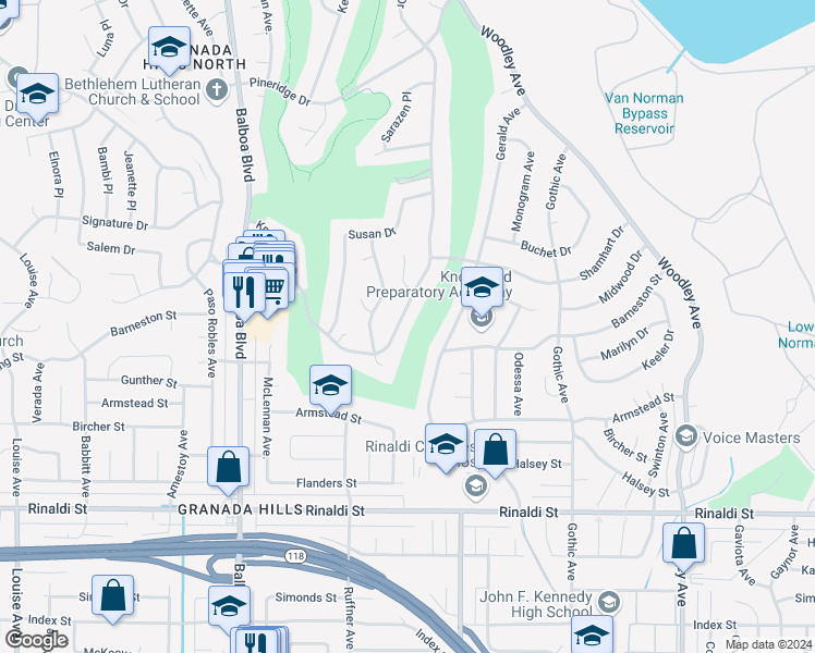 map of restaurants, bars, coffee shops, grocery stores, and more near 16772 Knollwood Drive in Los Angeles