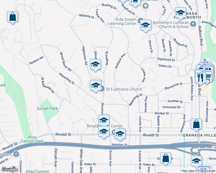 map of restaurants, bars, coffee shops, grocery stores, and more near 11820 Shoshone Avenue in Los Angeles