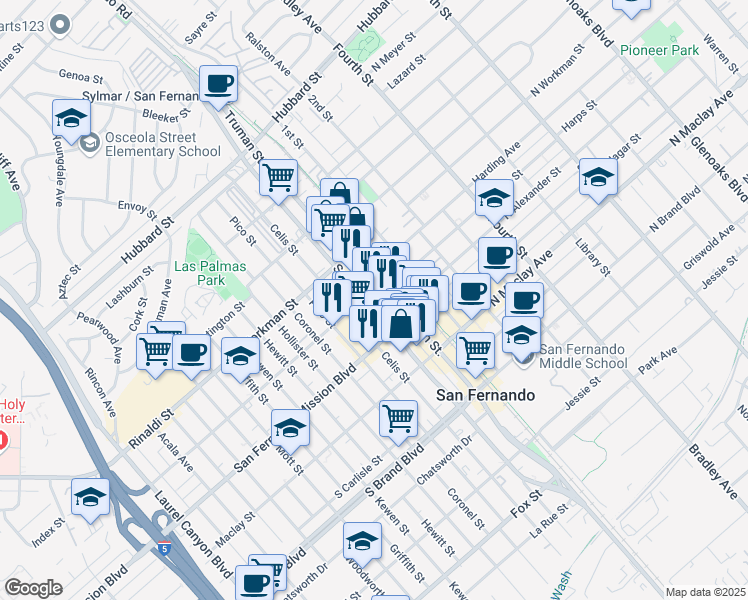 map of restaurants, bars, coffee shops, grocery stores, and more near 1300 San Fernando Road in San Fernando