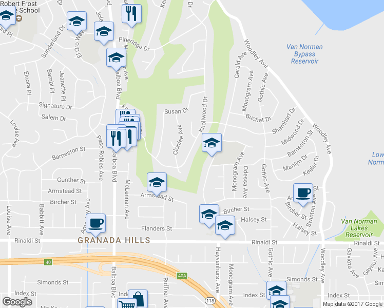 map of restaurants, bars, coffee shops, grocery stores, and more near 16766 Knollwood Drive in Los Angeles