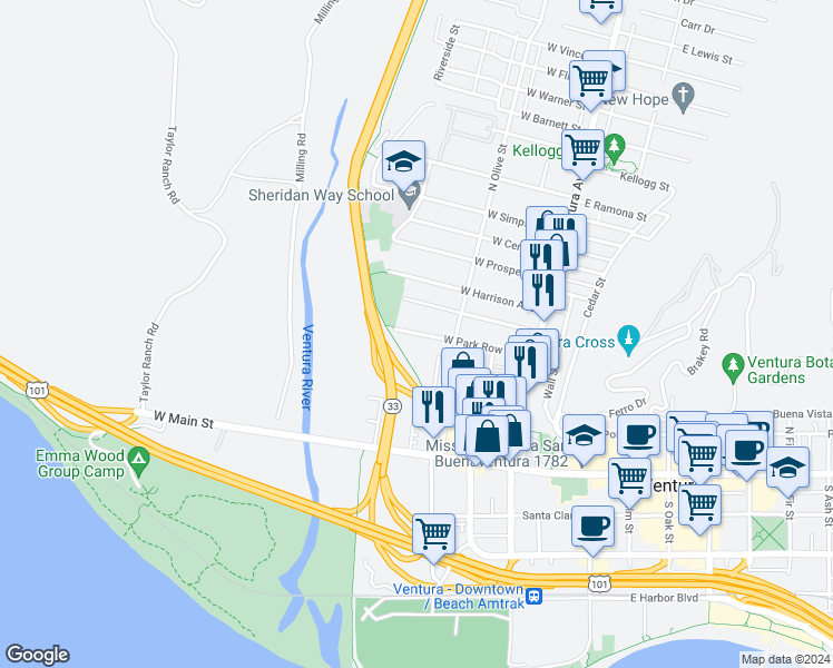 map of restaurants, bars, coffee shops, grocery stores, and more near 275 West Park Row Avenue in Ventura