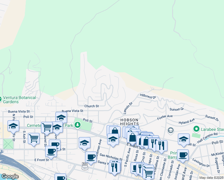 map of restaurants, bars, coffee shops, grocery stores, and more near 345 Manzanita Avenue in Ventura