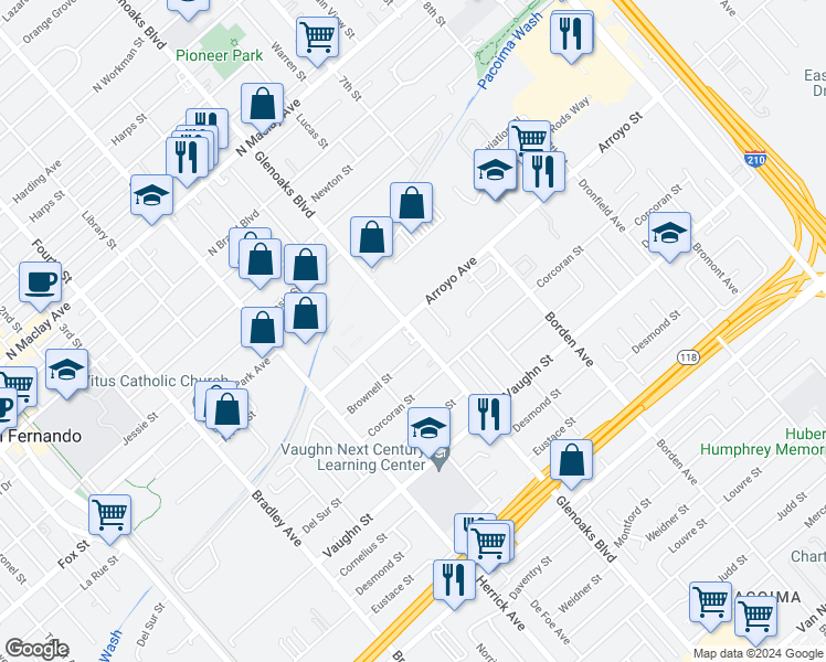 map of restaurants, bars, coffee shops, grocery stores, and more near 1303 Glenoaks Boulevard in San Fernando