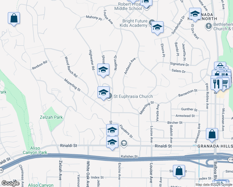 map of restaurants, bars, coffee shops, grocery stores, and more near 11820 Shoshone Avenue in Los Angeles