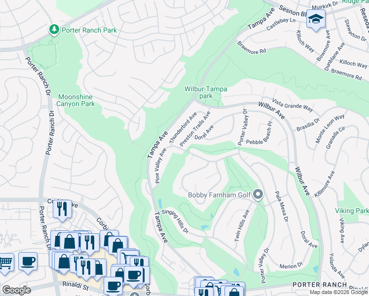 map of restaurants, bars, coffee shops, grocery stores, and more near 11730 Preston Trails Avenue in Los Angeles