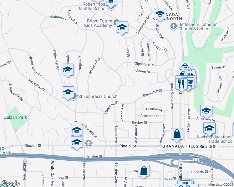 map of restaurants, bars, coffee shops, grocery stores, and more near 17265 Barneston Court in Los Angeles