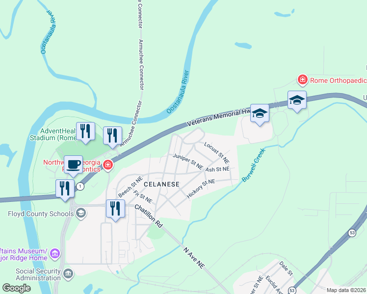 map of restaurants, bars, coffee shops, grocery stores, and more near 26 Oak Street Northeast in Rome