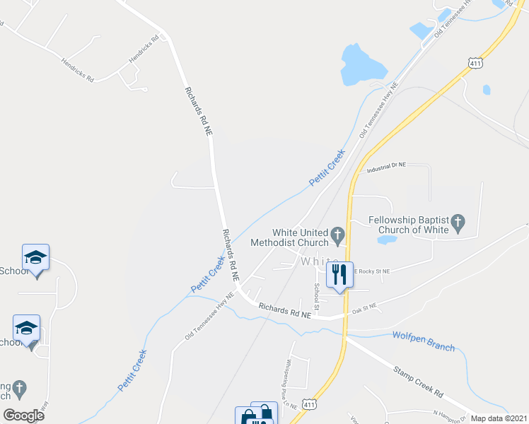 map of restaurants, bars, coffee shops, grocery stores, and more near 523 Old Tennessee Highway Northeast in White