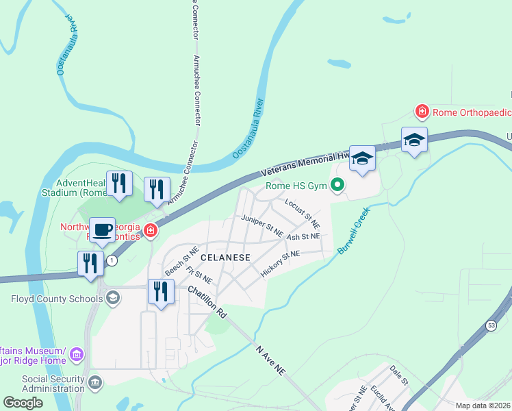 map of restaurants, bars, coffee shops, grocery stores, and more near 26 Oak Street Northeast in Rome