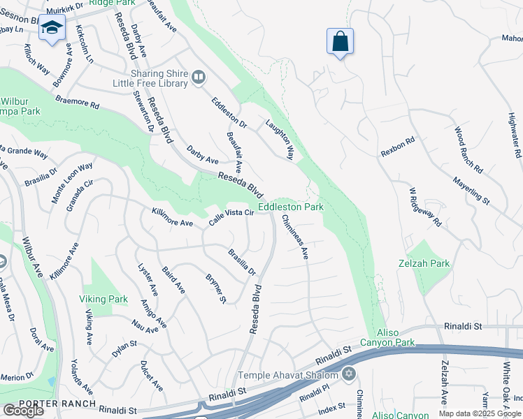 map of restaurants, bars, coffee shops, grocery stores, and more near 18501 Calle Vista Circle in Los Angeles