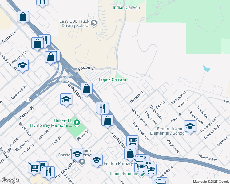 map of restaurants, bars, coffee shops, grocery stores, and more near 11857 Gladstone Avenue in Los Angeles