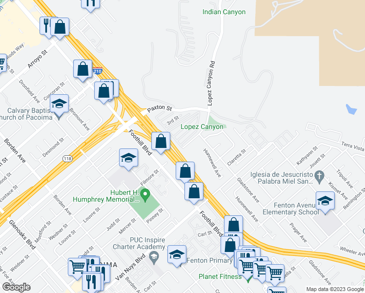 map of restaurants, bars, coffee shops, grocery stores, and more near 12401 Filmore Street in Los Angeles