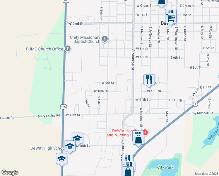 map of restaurants, bars, coffee shops, grocery stores, and more near 1014 South Harrison Street in DeWitt
