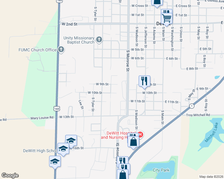 map of restaurants, bars, coffee shops, grocery stores, and more near 1015 South Van Buren Street in DeWitt