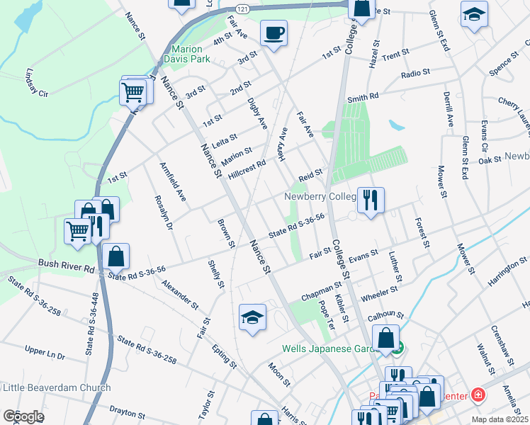 map of restaurants, bars, coffee shops, grocery stores, and more near 2116 Osborne Avenue in Newberry