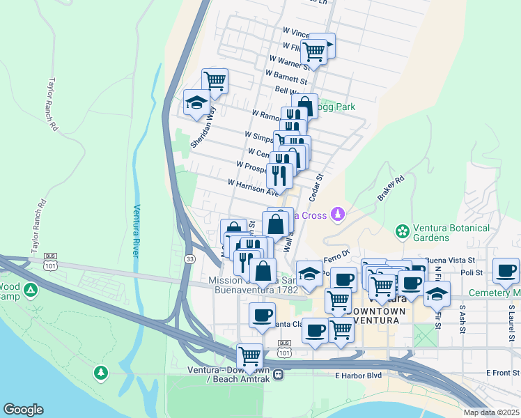 map of restaurants, bars, coffee shops, grocery stores, and more near 82 West Mission Avenue in Ventura
