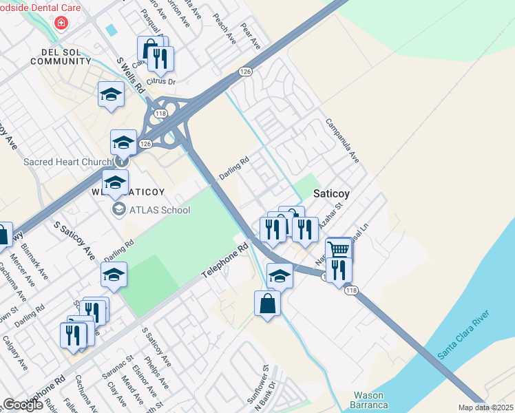 map of restaurants, bars, coffee shops, grocery stores, and more near 11094 Snapdragon Street in Ventura