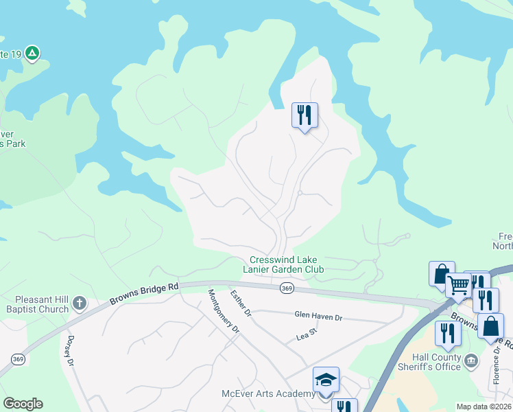 map of restaurants, bars, coffee shops, grocery stores, and more near 3410 Locust Cove Road in Gainesville
