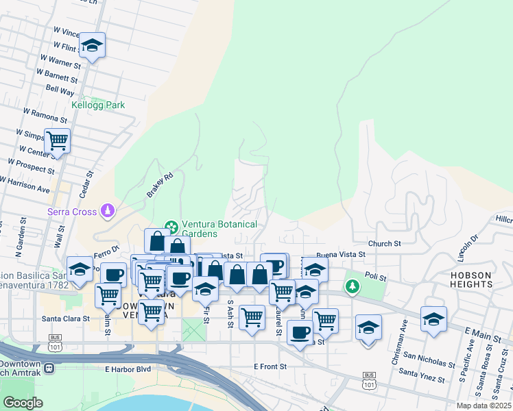 map of restaurants, bars, coffee shops, grocery stores, and more near 886 Winding Way Drive in Ventura