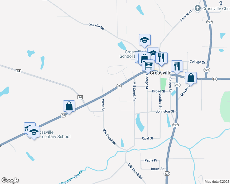 map of restaurants, bars, coffee shops, grocery stores, and more near 15029 Alabama 68 in Crossville