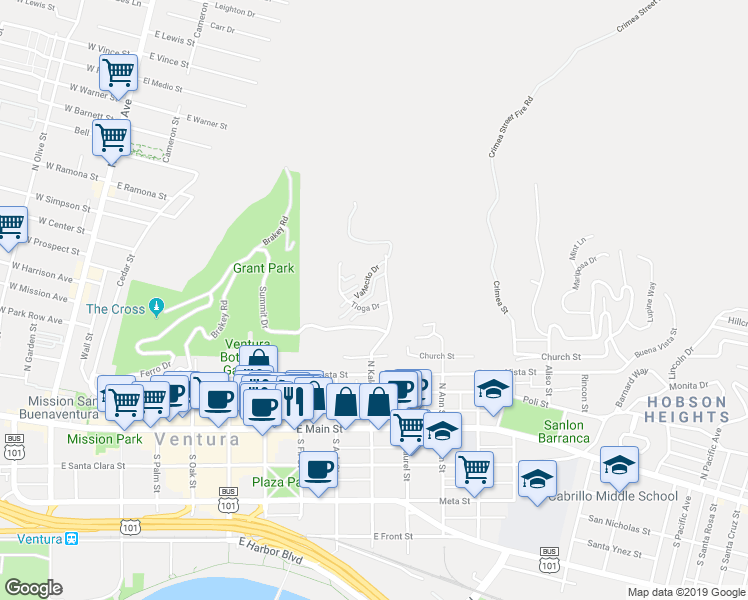map of restaurants, bars, coffee shops, grocery stores, and more near 886 Winding Way Drive in Ventura