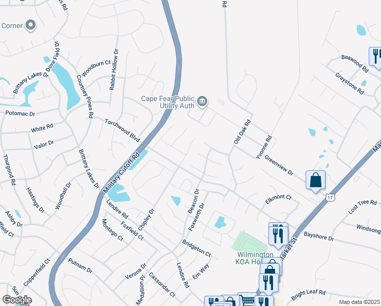 map of restaurants, bars, coffee shops, grocery stores, and more near 7526 Ireland Court in Wilmington