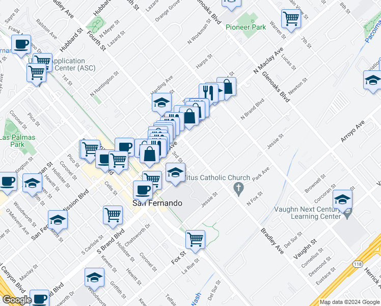 map of restaurants, bars, coffee shops, grocery stores, and more near 405 North Brand Boulevard in San Fernando