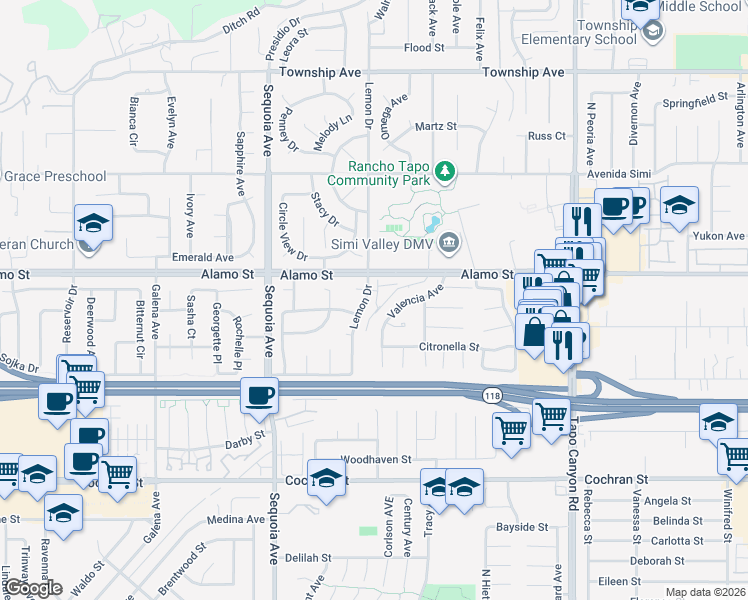 map of restaurants, bars, coffee shops, grocery stores, and more near 2744 Lemon Drive in Simi Valley