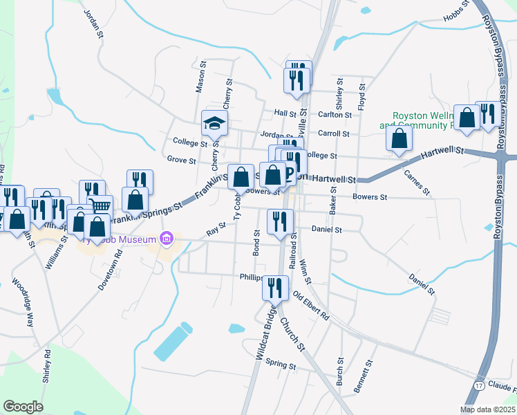 map of restaurants, bars, coffee shops, grocery stores, and more near 100 Mill Street in Royston