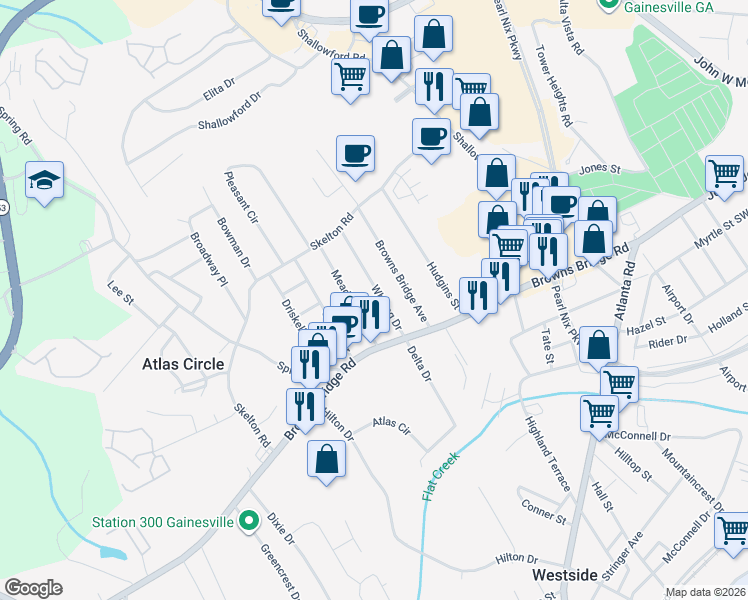 map of restaurants, bars, coffee shops, grocery stores, and more near 1617 Whiting Drive in Gainesville