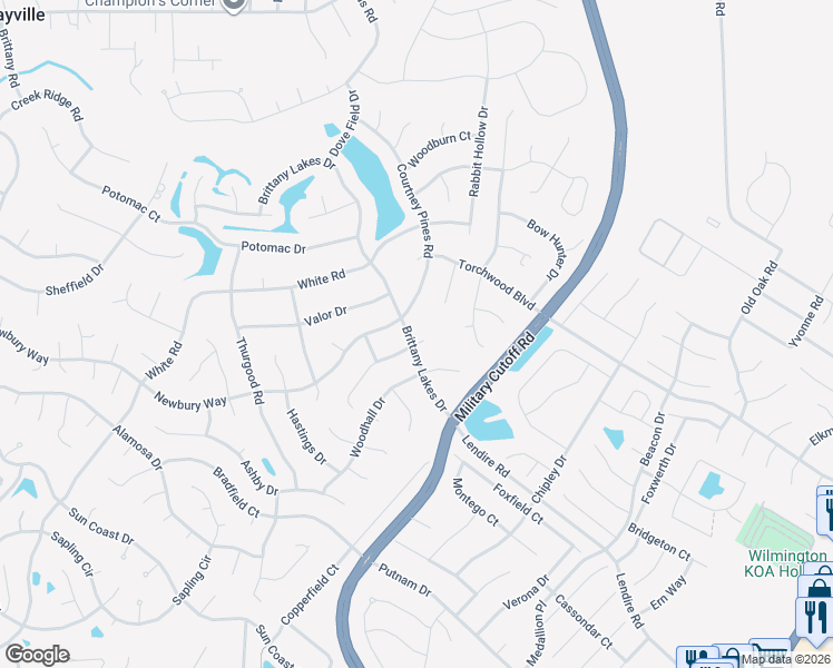 map of restaurants, bars, coffee shops, grocery stores, and more near 7301 Peppercorn Court in Wilmington