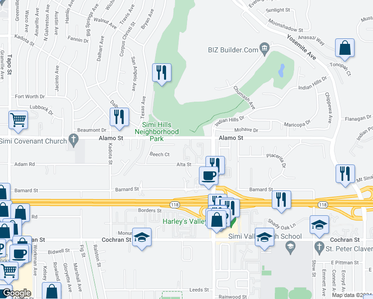 map of restaurants, bars, coffee shops, grocery stores, and more near 2752 Simi Hills Lane in Simi Valley