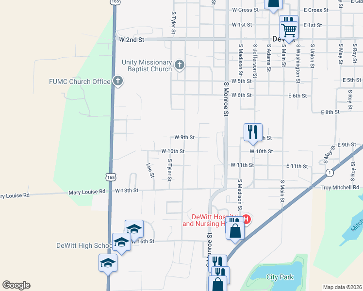 map of restaurants, bars, coffee shops, grocery stores, and more near 1014 South Harrison Street in DeWitt